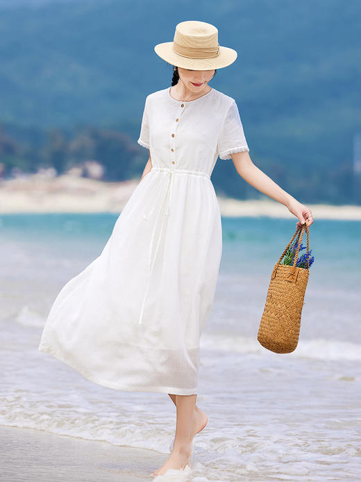 HM-S386白色法式苎麻连衣裙文艺蕾丝拼接绣花圆领纯色短袖A字裙 夏季新款 商品图1