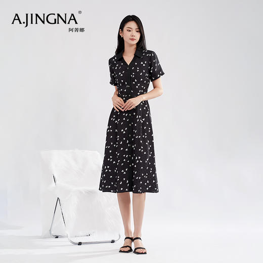 【特价款不退不换】阿菁娜高腰小蝴蝶印花优雅灵动桑蚕丝衬衫式连衣裙A27X112156 商品图3