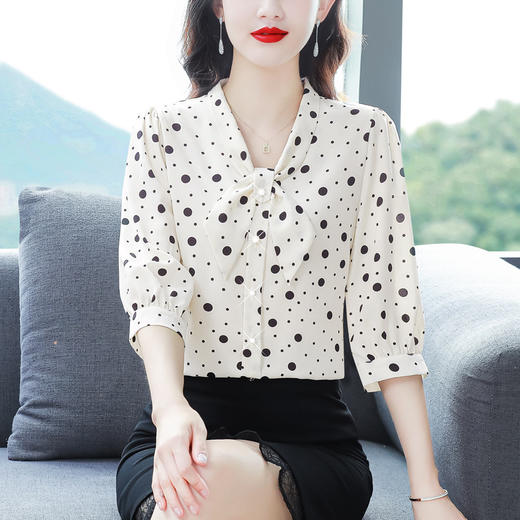 波点仿真丝衬衫七分袖蝴蝶结洋气雪纺衫K-E261N2246 商品图7