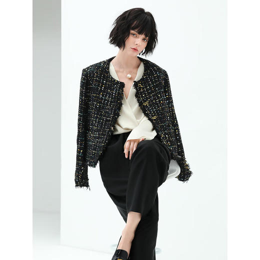 COCOBELLA轻奢名媛小香风粗花呢外套女通勤毛边裸领西装WL913 商品图3