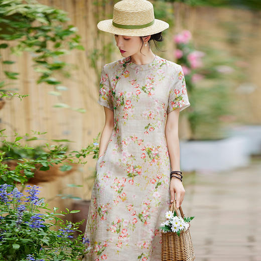 中国风苎麻改良旗袍印桃花小个子文艺复古连衣裙S195-2 商品图1
