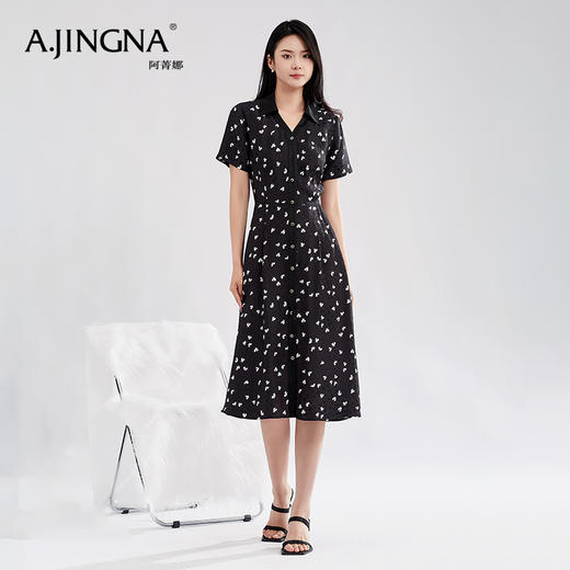 【特价款不退不换】阿菁娜高腰小蝴蝶印花优雅灵动桑蚕丝衬衫式连衣裙A27X112156 商品图1