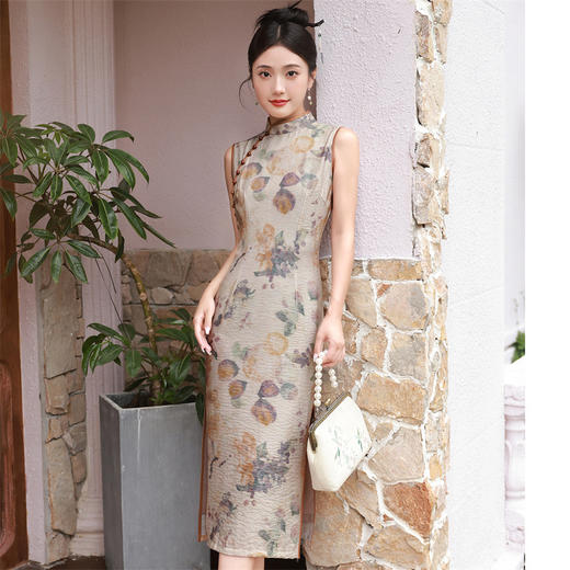 仿苎麻中长款双层改良少女旗袍连衣裙SJT-365 商品图3