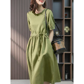 YX【现货7天】休闲减龄亚麻连衣裙女2023夏新款韩版宽松显瘦中长款a字裙子