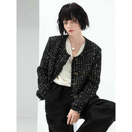 COCOBELLA轻奢名媛小香风粗花呢外套女通勤毛边裸领西装WL913 商品图2
