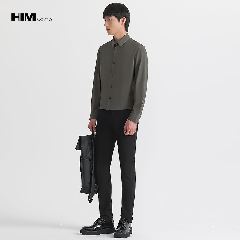 HIM漢崇 斯文灰绿修身长袖衬衫男职场商务正装舒适衬衣 2026夏季