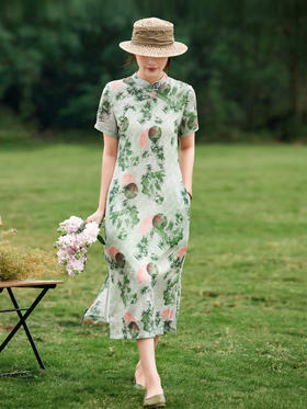 HM-S351苎麻印花改良式旗袍裙立领 夏季新款短袖文艺复古竹子花色连衣裙