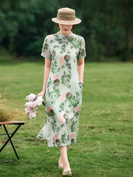 HM-S351苎麻印花改良式旗袍裙立领 夏季新款短袖文艺复古竹子花色连衣裙 商品图0