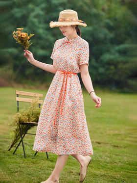 HM-C015夏季桔色碎花连衣裙中国风改良式旗袍领斜开襟疙瘩扣文艺复古长裙