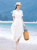 HM-S386白色法式苎麻连衣裙文艺蕾丝拼接绣花圆领纯色短袖A字裙 夏季新款 商品缩略图0