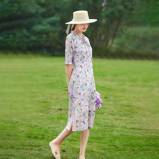 HM-S344小个子文艺旗袍裙夏改良式温柔风连衣裙苎麻印花侧开叉中长裙 商品图1