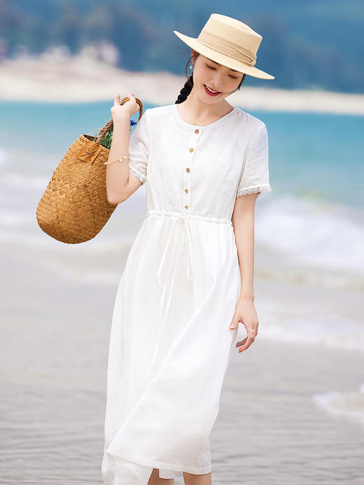 HM-S386白色法式苎麻连衣裙文艺蕾丝拼接绣花圆领纯色短袖A字裙 夏季新款 商品图2
