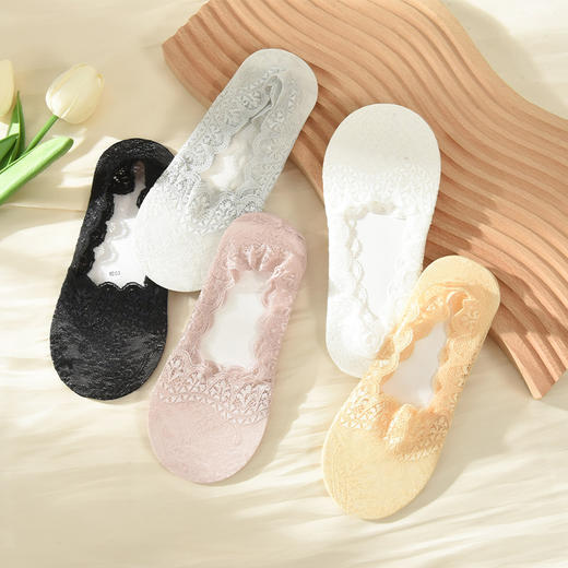 洁丽雅5双装女士船袜蕾丝边隐形硅胶防滑不掉跟棉底短袜隐形袜女 商品图1