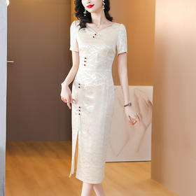 改良新中式醋酸旗袍连衣裙复古优雅开叉长裙AHM-ylxz1859