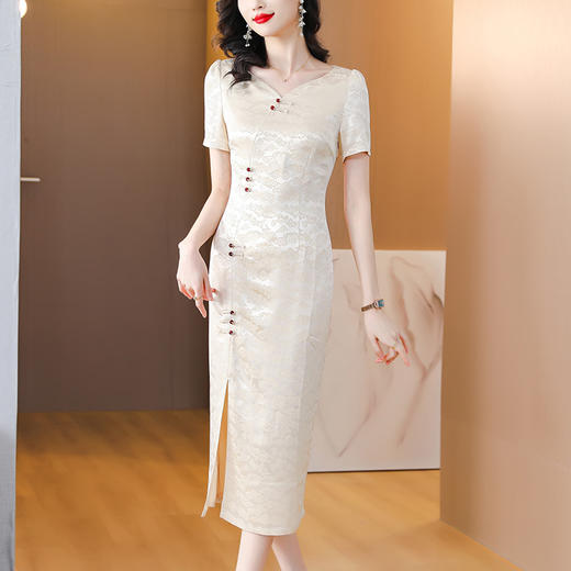 改良新中式醋酸旗袍连衣裙复古优雅开叉长裙AHM-ylxz1859 商品图0