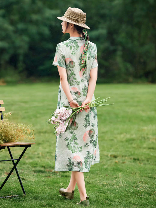 HM-S351苎麻印花改良式旗袍裙立领 夏季新款短袖文艺复古竹子花色连衣裙 商品图3