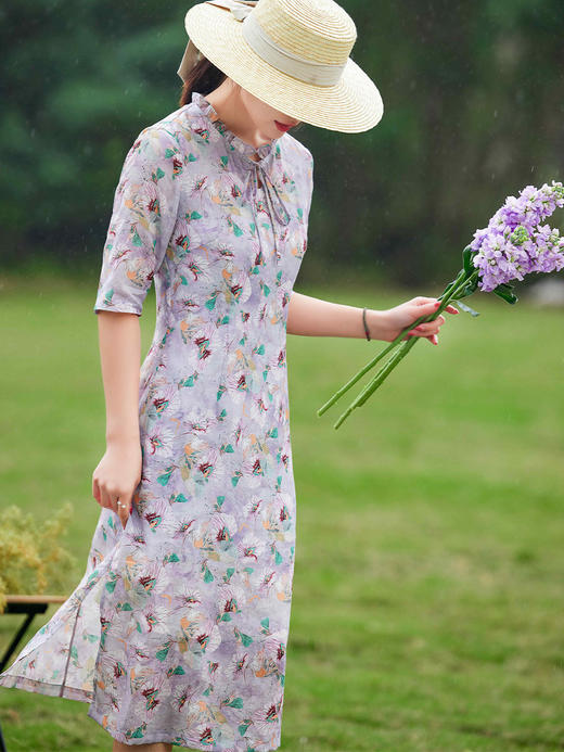 HM-S344小个子文艺旗袍裙夏改良式温柔风连衣裙苎麻印花侧开叉中长裙 商品图4