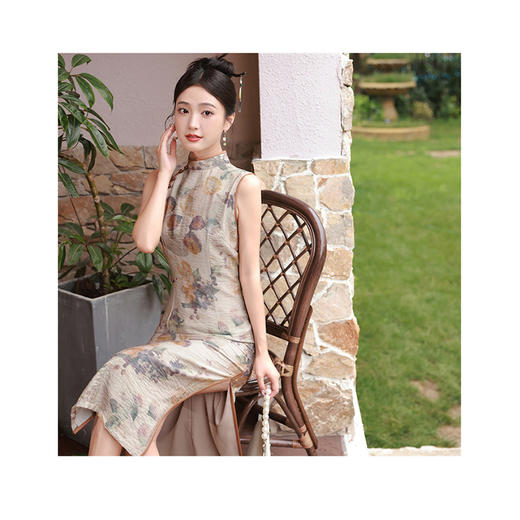 仿苎麻中长款双层改良少女旗袍连衣裙SJT-365 商品图4