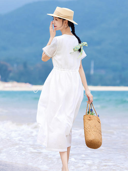 HM-S386白色法式苎麻连衣裙文艺蕾丝拼接绣花圆领纯色短袖A字裙 夏季新款 商品图3