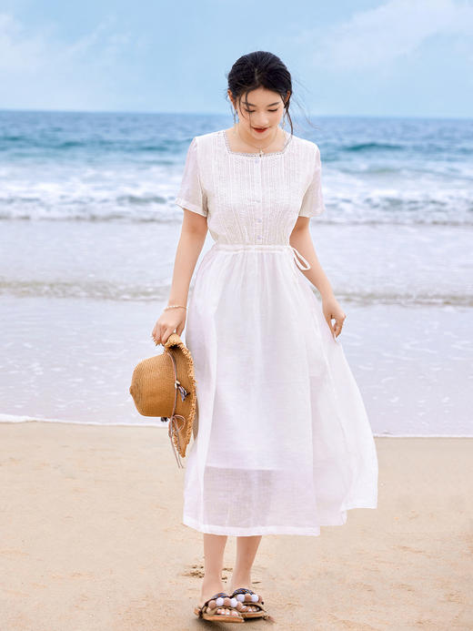 HM-S349夏季新款短袖苎麻法式飘逸花边文艺旅行方领系带白色度假风连衣裙 商品图1