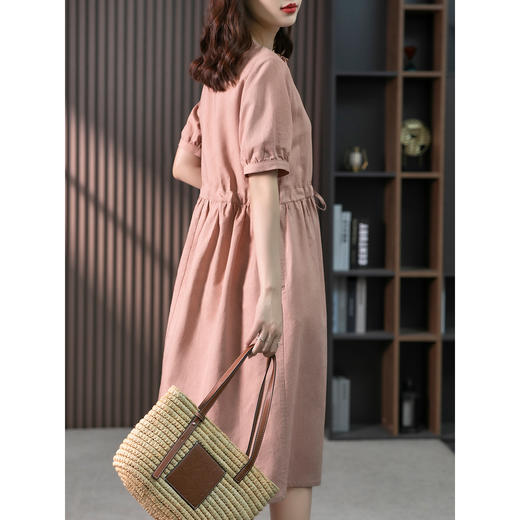 YX【现货7天】休闲减龄亚麻连衣裙女2023夏新款韩版宽松显瘦中长款a字裙子 商品图4