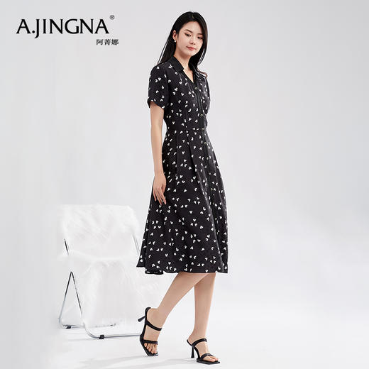 【特价款不退不换】阿菁娜高腰小蝴蝶印花优雅灵动桑蚕丝衬衫式连衣裙A27X112156 商品图0