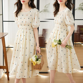 夏季新款，重工碎花刺绣韩版收腰显瘦法式初恋温柔风连衣裙HR-SSFB2751-1