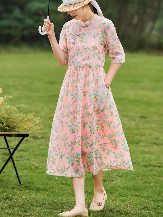 HM-S345夏季新款苎麻碎花连衣裙改良式旗袍领文艺田园风树叶印花 商品图1
