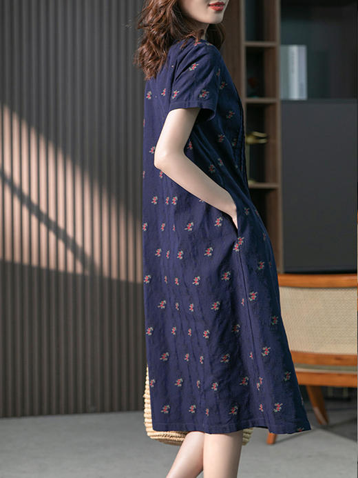 YX【现货7天】棉麻碎花连衣裙女2023夏季新款复古气质温柔风中长款裙子 商品图2