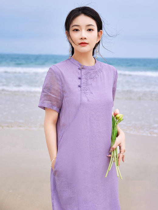 HM-C021夏季文艺绣花改良旗袍国风复古苎麻刺绣立领短袖连衣裙侧开叉 商品图1