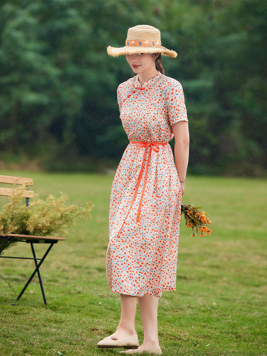 HM-C015夏季桔色碎花连衣裙中国风改良式旗袍领斜开襟疙瘩扣文艺复古长裙 商品图1