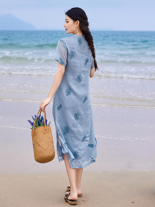 HM-C025夏季文艺风羽毛刺绣苎麻改良旗袍短袖立领斜襟开叉连衣裙日常休闲 商品图2