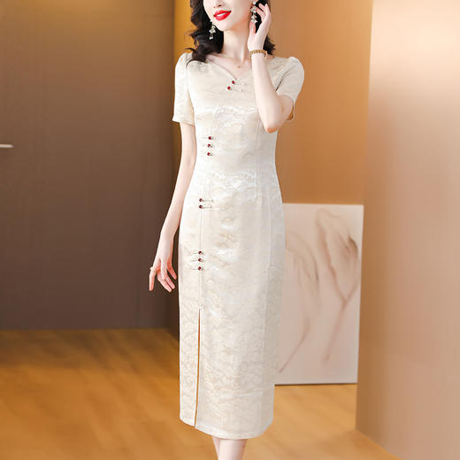 改良新中式醋酸旗袍连衣裙复古优雅开叉长裙AHM-ylxz1859 商品图1