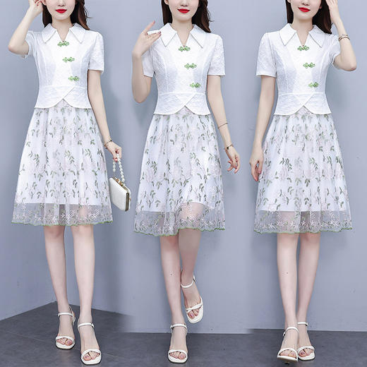 大码夏季新款，胖妹妹时尚名媛风刺绣网纱拼接假两件连衣裙AHM-lyfdm9810 商品图0