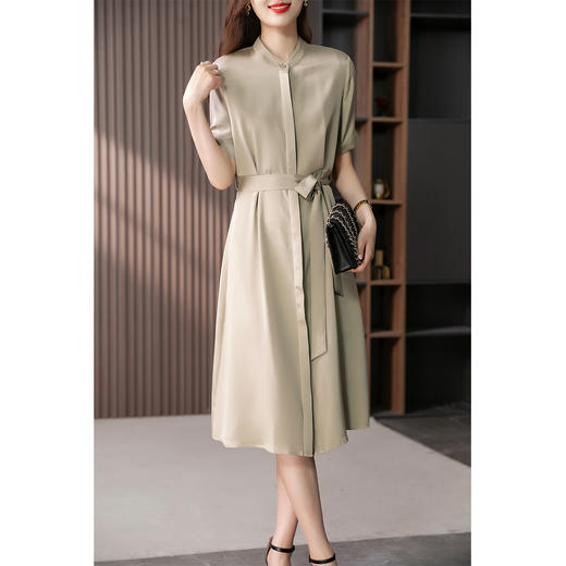 YX【定制12天】真丝桑蚕丝衬衫连衣裙女2023夏季新款优雅减龄系带显瘦长裙子 商品图3