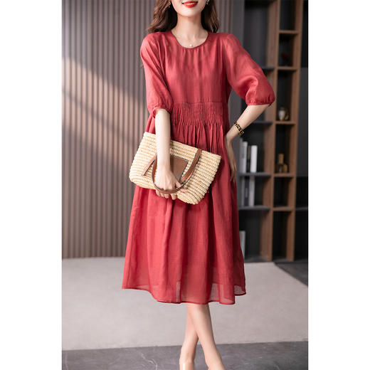 YX【现货7天】文艺复古苎麻连衣裙女2023夏季新款韩版褶皱宽松显瘦长裙子 商品图1