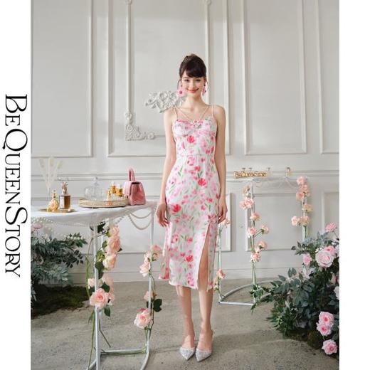 BeQueenStory【甜岛玫瑰】法式印花显瘦精致珠链吊带连衣裙2023新款 商品图3