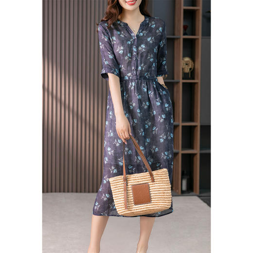 85795原形优雅碎花苎麻连衣裙女中长款2024春夏季新款韩版气质显瘦裙子 商品图1