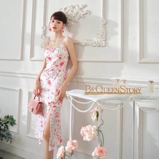 BeQueenStory【甜岛玫瑰】法式印花显瘦精致珠链吊带连衣裙2023新款 商品图4