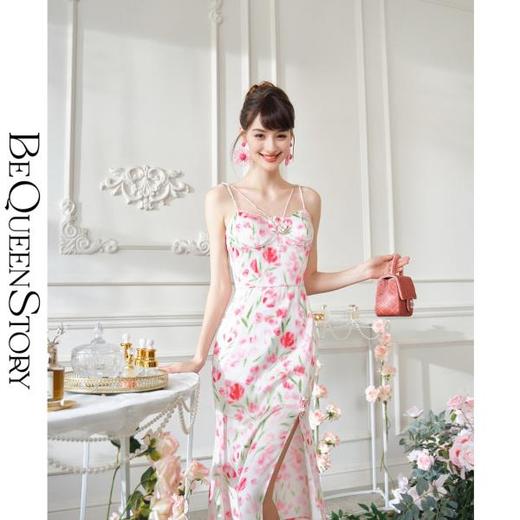 BeQueenStory【甜岛玫瑰】法式印花显瘦精致珠链吊带连衣裙2023新款 商品图0