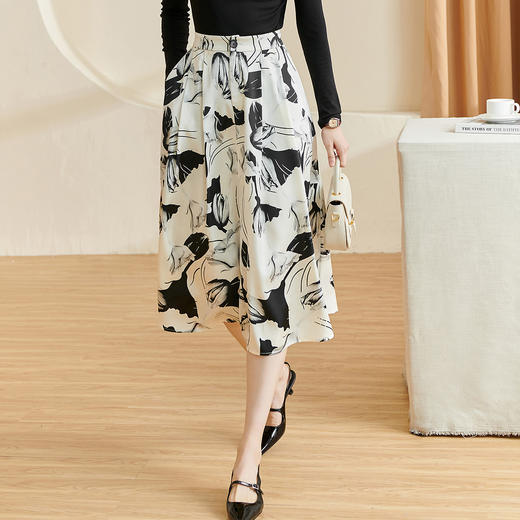 剩S/M 米思阳2024秋季新款百搭复古印花大摆裙修身显瘦纽扣半身裙女2523 商品图0