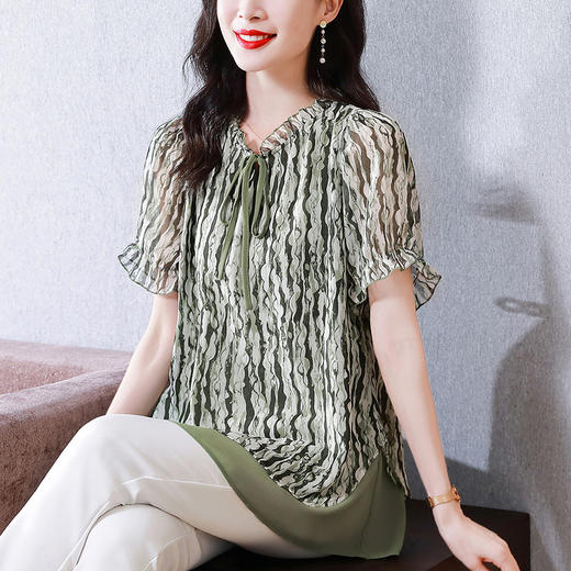 夏季加肥加大码宽松时髦碎花雪纺衫遮肉假两件上衣KQL-B41N8418 商品图0