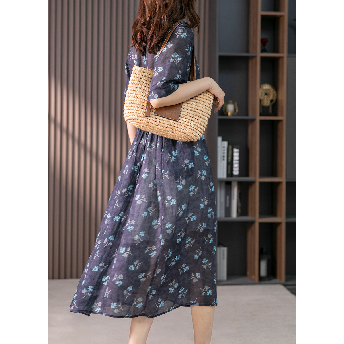 85795原形优雅碎花苎麻连衣裙女中长款2024春夏季新款韩版气质显瘦裙子