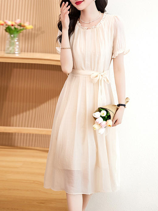 气质花边圆领天丝裙优雅透气纯色中长款裙HR-WW23189 商品图2