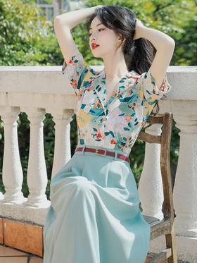 「港风套装裙子」2023年夏季新款时尚洋气质西装领衬衣清新绿色裙套装