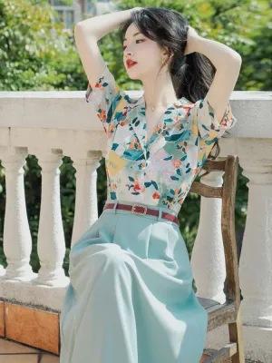 「港风套装裙子」2023年夏季新款时尚洋气质西装领衬衣清新绿色裙套装 商品图4