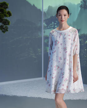 皇锦雪纺七分袖睡裙-海棠蝴蝶HJ21446
