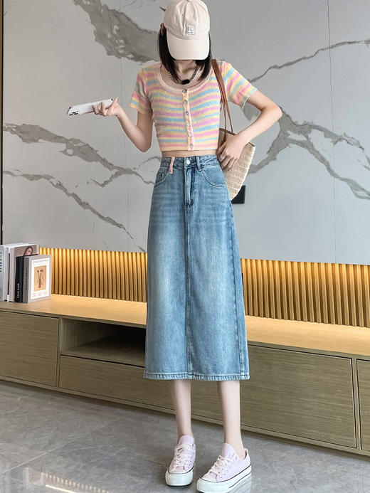 「撞色口袋设计」设计感高腰牛仔半身裙女夏季2023年新款中长款a字包臀裙下装 商品图3