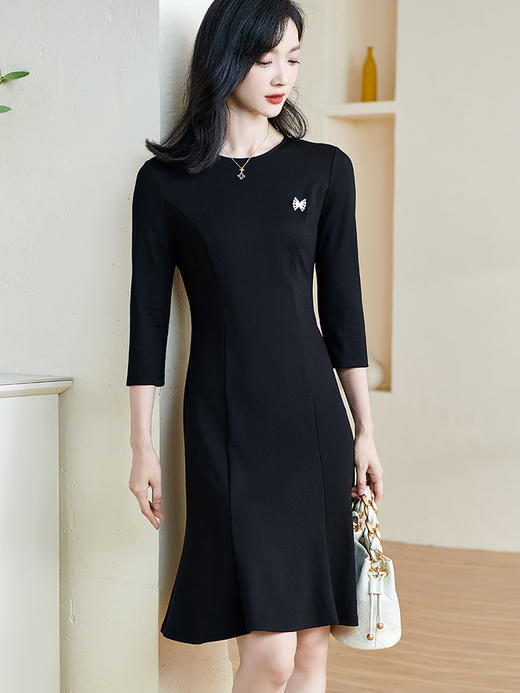 剩S/M 米思阳2025春季新款知性简约经典连衣裙修身显瘦褶皱黑色裙子2402 商品图1