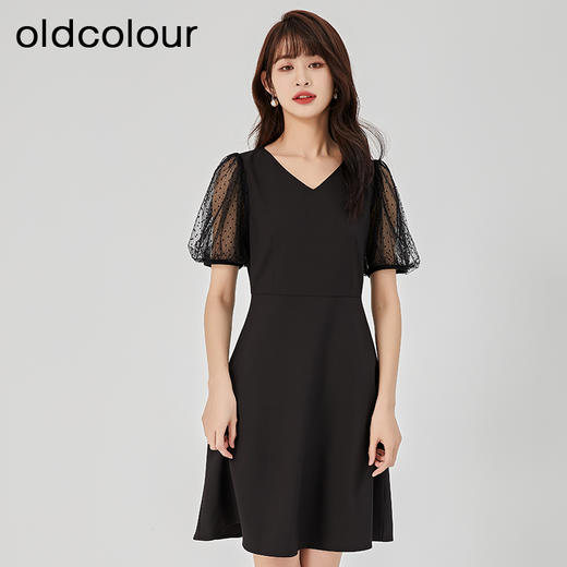 oldcolour2023春季新款黑色时尚气质优雅V领连衣裙女GO21101756 商品图2